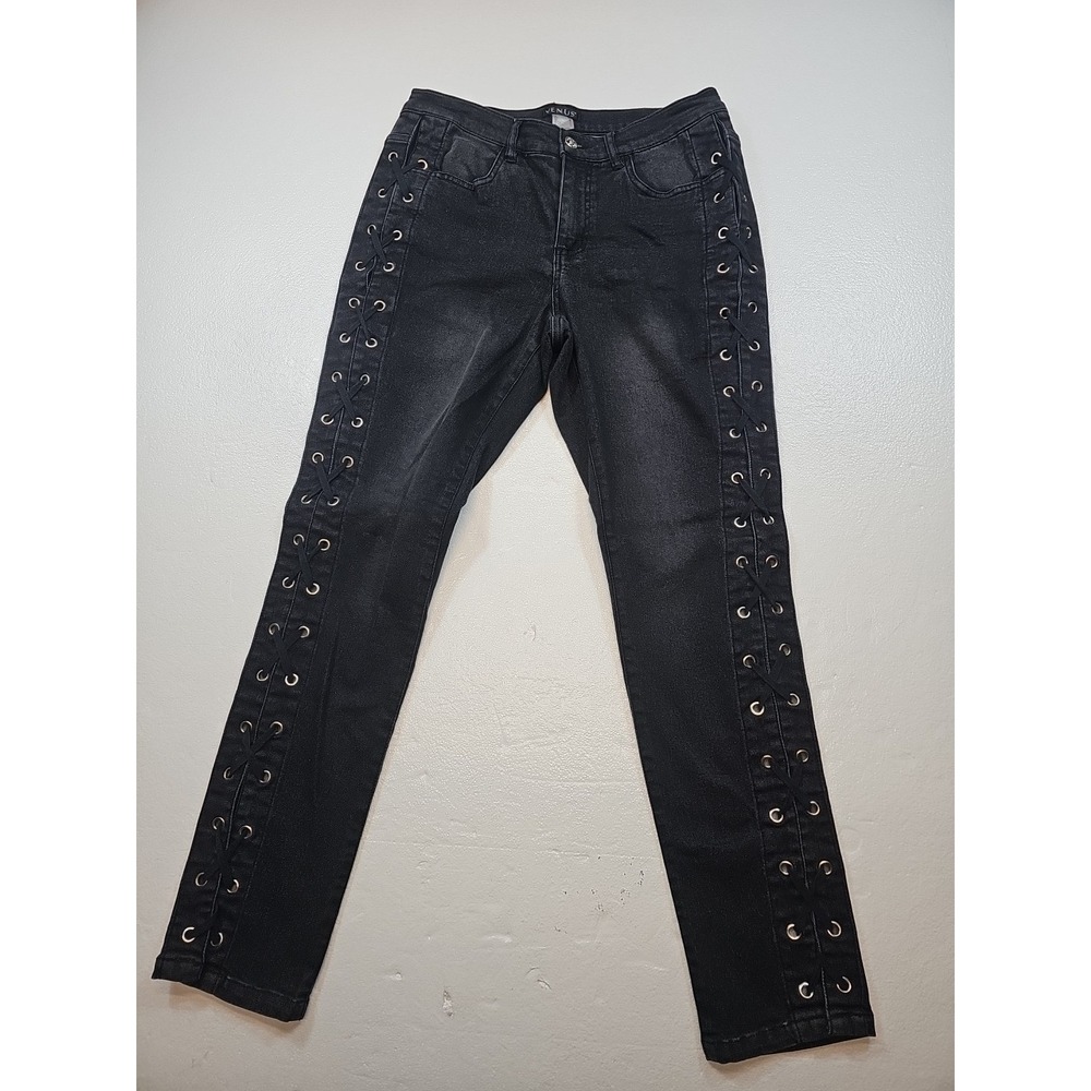 Venus Jeans Women's Size 8(30x29) Skinny Stretch Mid Rise Black Denim Lace Legs